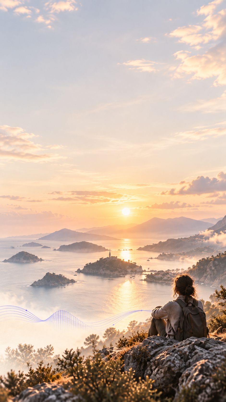 Au coucher du soleil, une voyageuse assise sur un rocher contemple un horizon d'îles