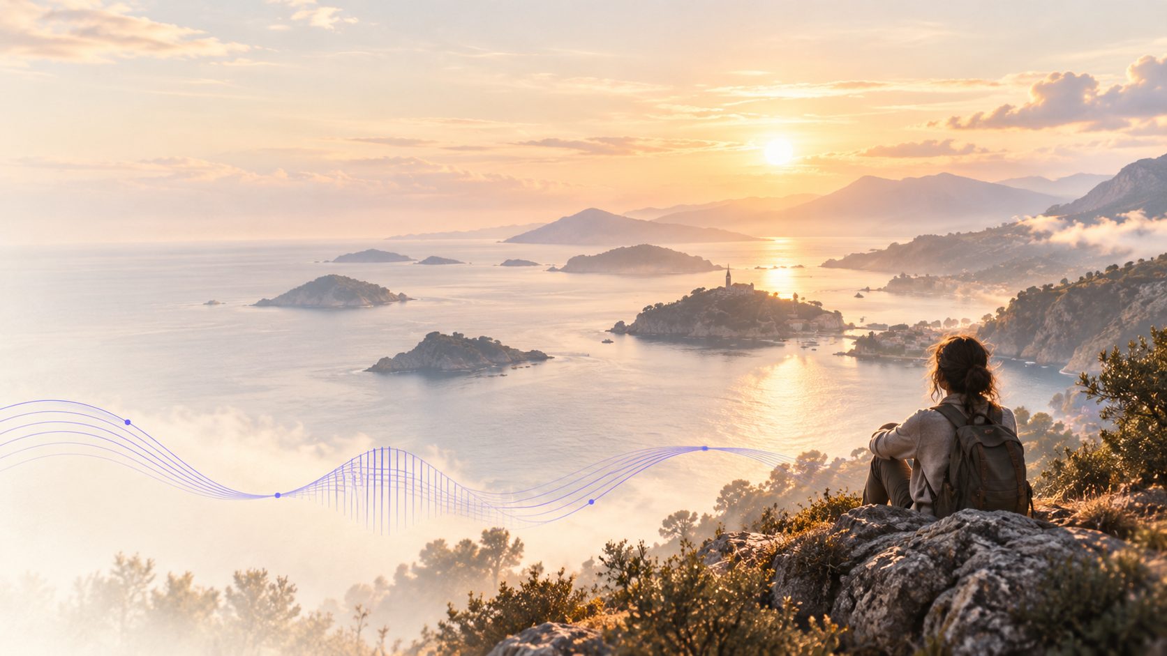 Au coucher du soleil, une voyageuse assise sur un rocher contemple un horizon d'îles